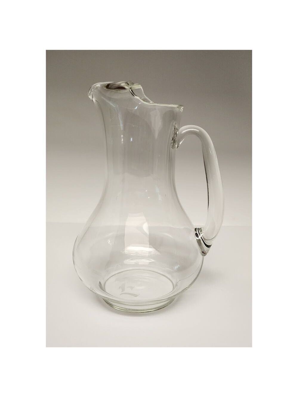 Vintage Clear Glass 1LT Pitcher Monogrammed Ice Lip Pitcher with Calligraphy E
